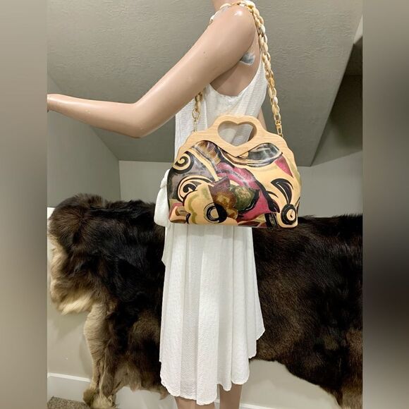 Abstract Print Cowhide Leather Handmade Wooden Frame Bag Includes 2 Strap Styles - Picture 3 of 16